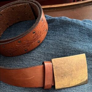 Vintage embossed Brown Leather Belt with Brass Buckle